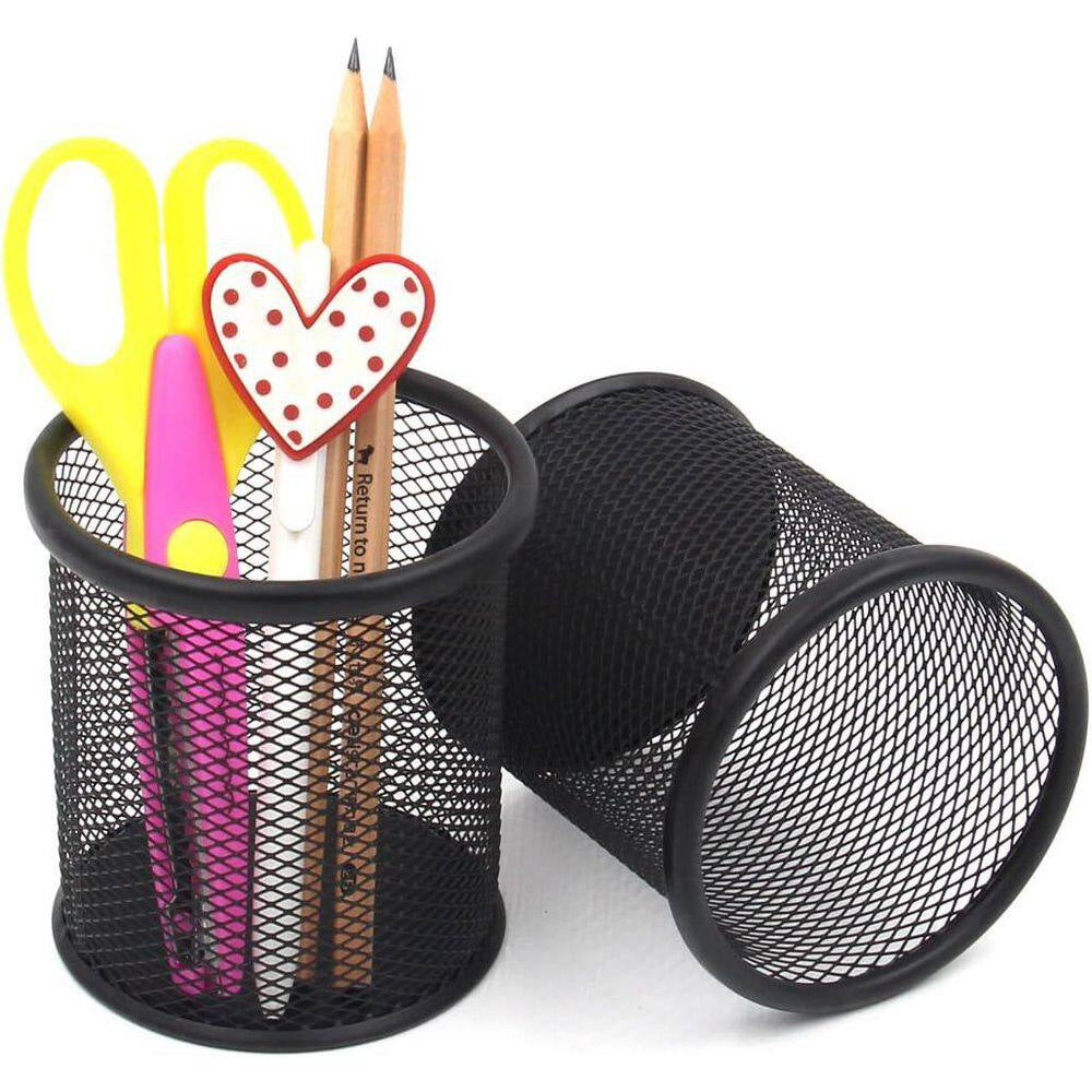 2-Pack Black Metal Pen Holder Organizer Pencil Cup Non-Slip Base Office Supply Desk Organizer for Home Office